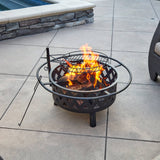 Bluegrass Living 30 Inch. Roadhouse Steel Deep Bowl Fire Pit with Swivel Height Adjustable Cooking Grid, Weather Cover, Spark Screen, Log Grate, Ember Catcher, and Poker, Model# BFPW30RH
