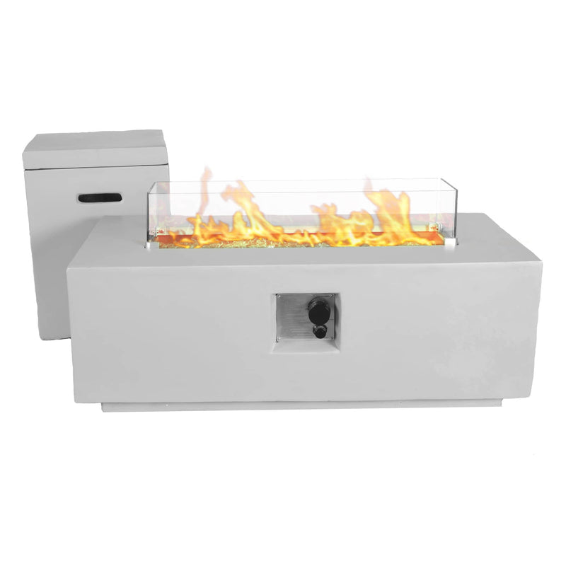 Bluegrass Living 42 Inch x 15 Inch Rectangular MGO Propane Fire Pit Table with Side Table Tank Storage, Glass Wind Guard, Crystal Glass Beads, Fabric Cover - Model# DFT42R-CG