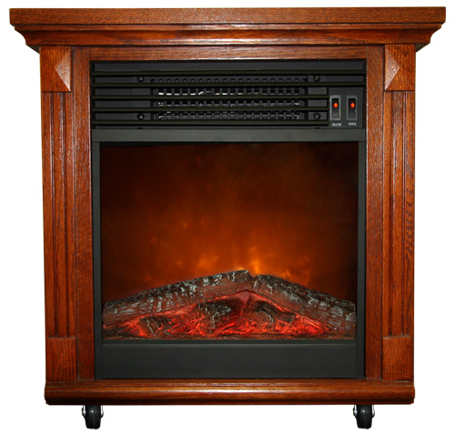 Compact Cherry Oak Electric Fireplace with Caster Wheels